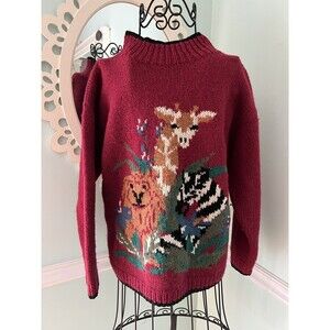 Vtg 90’s handknit zoo theme sweater‎ small wool Giraffe Zebra